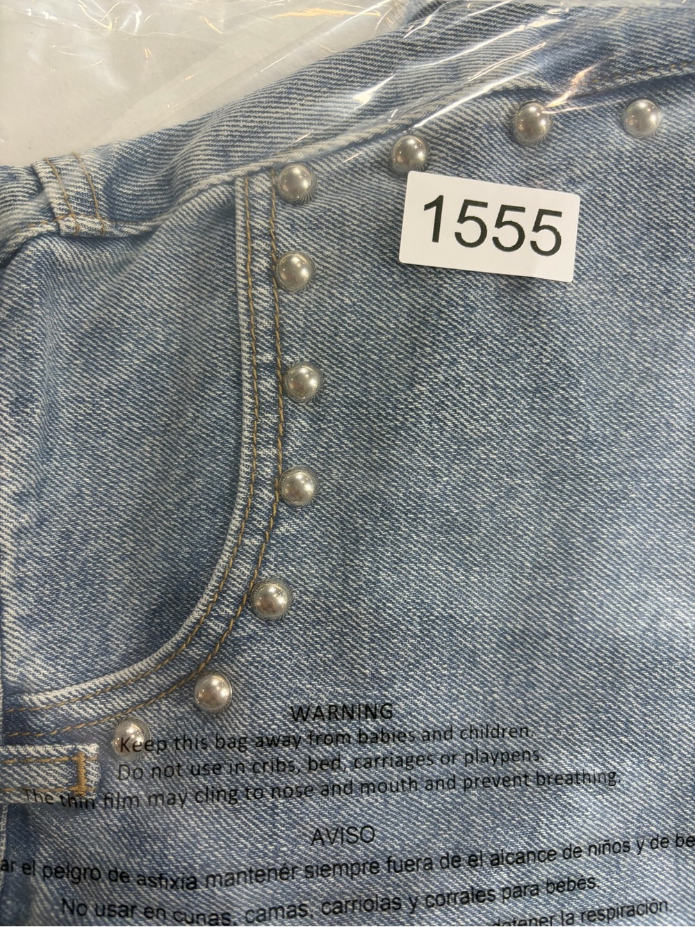 High-Rise 3" Studded Blue Denim Shorts (L) - Picture 10 of 10